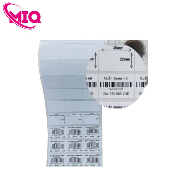 Giấy in mã vạch 3 tem PVC 35x22mm chiụ nước cuộn dài 50m, khổ 110mm